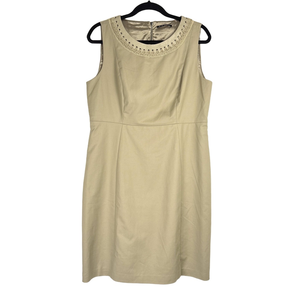Elie Tahari Sleeveless Sheath Dress Womens 14 Beige Neutral Faux Leather Neck